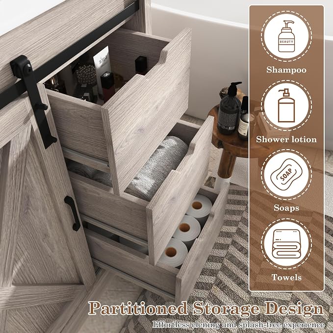 chartustriable 36 Inch Bathroom Vanity with Sink & Faucet & Mirror, Farmhouse Bathroom Vanity Cabinet Set with Sliding Barn Door & Drawers, Small Single Bath Storage Vanity Sink, Grey
