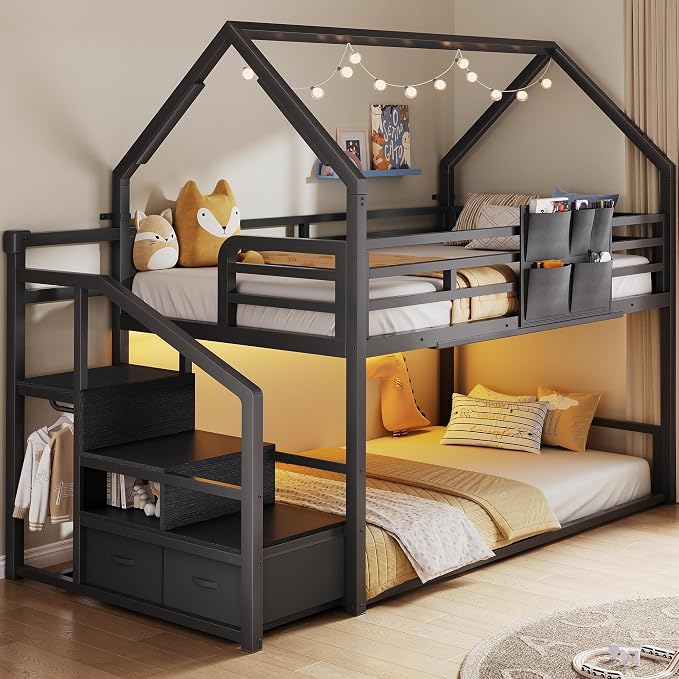 Jocoevol Metal Bunk Bed Twin Over Twin with Storage Staircase, Clothes Rack, LED Twin Bunk Beds for Kids with 2 Storage Drawers, Full-Length Guardrail, No Box Spring Needed, Easy Assembly, Black