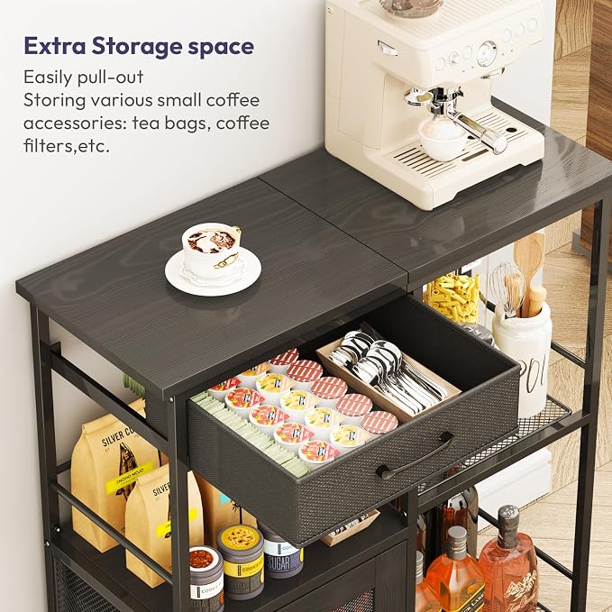 SWTYMIKI Coffee Bar Cabinet for Home - Farmhouse Coffee Stand Station Multi-Purpose Storage Cabinet with Adjustable Feet, Drawers - Kitchen Bar Table for Living Room, Corner, Small Space, Black