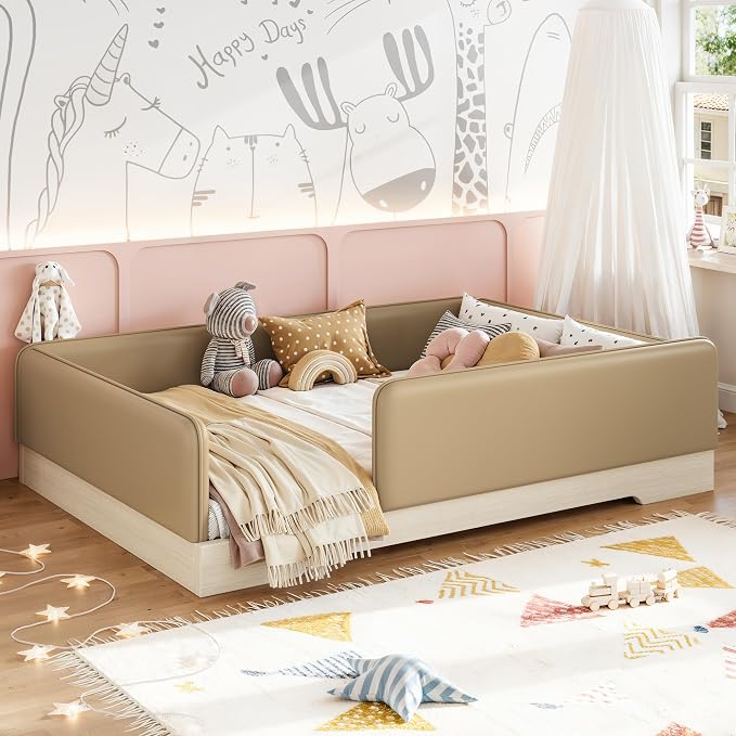 Bellemave Full Upholstered Montessori Floor Bed Frame with Guardrails,Brown
