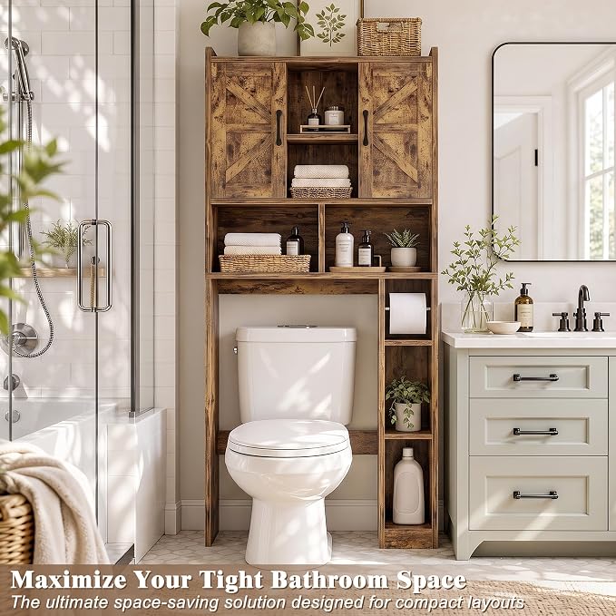 Farmhouse Over The Toilet Storage Cabinet with Barn Door, Reversible Side | 7-Tier Bathroom Organizer, Adjustable Shelves Bottom Bar, Detachable Paper Holder, Anti-Tipping, Laundry Room, Rustic Brown