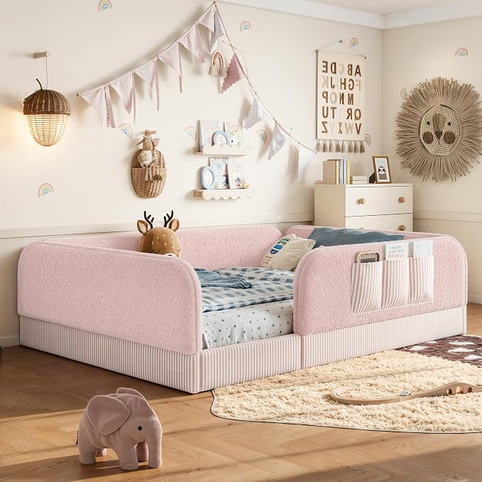 Bellemave Queen Upholstered Montessori Floor Bed with Storage Pocket,Pink