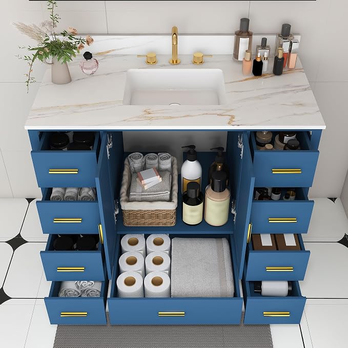 Montary 42" Bathroom Vanity with Sink & 43" Carrara Sintered Stone Top | with 3 Pre-Drilled Faucet Holes, Solid Wood Cabinet, Soft-Close Double Doors & 9 Smooth-Glide Drawers,Blue