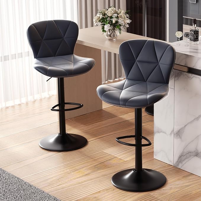 Nalupatio Modern Bar Stools Set of 2, Adjustable Faux Leather Upholstered Swivel Bar Stools, Counter Height Bar Chairs with Back for Kitchen Island, Dark Grey