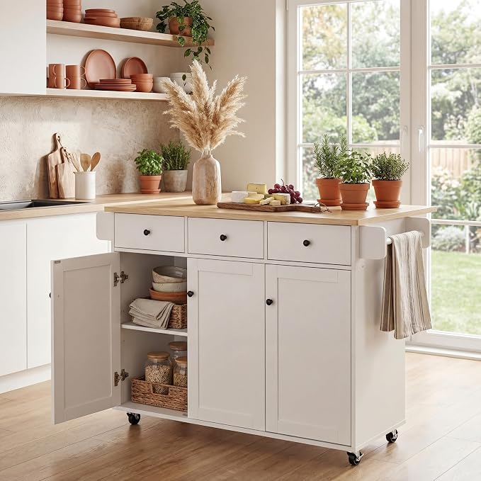 Kitchen Island Cart on Wheels with Drop Leaf & Storage - 45" Rolling Kitchen Cart with Locking Casters, 3 Drawers, 2 Cabinets & Towel Rack, Light Oak Top, White Farmhouse Style