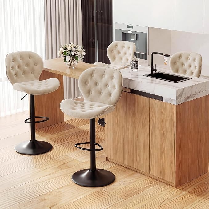 GRUSIGN Bar Stools Set of 4, Modern Swivel Adjustable Bar Chairs, Chenille Fabric Upholstered Counter Height Bar Stools with Backrest, Comfort Barstools for Kitchen Island, Home Bar, Khaki