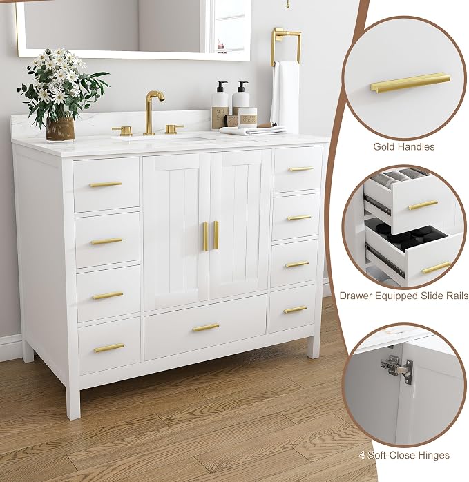 Montary 42" Bathroom Vanity with Sink & 43" Carrara Sintered Stone Top | with 3 Pre-Drilled Faucet Holes, Solid Wood Cabinet, Soft-Close Double Doors & 9 Smooth-Glide Drawers,White