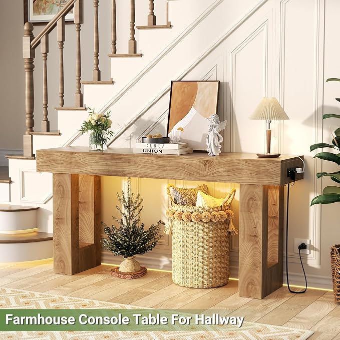 Unikito 63" Console Table with Sensor Light and Oulets, Natural Oak