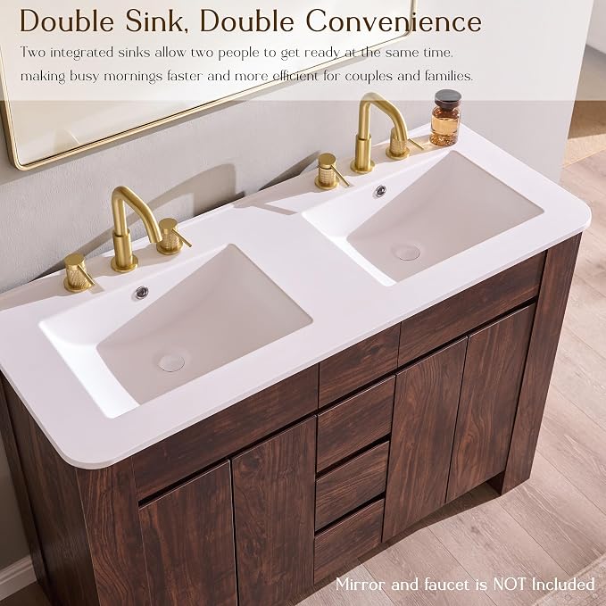 T4TREAM 48 Inch Modern Bathroom Vanity with Double Sink, Dark Walnut | Integrated Resin Sink, 4 Soft-Close Doors & 3 Drawers, Handle-Free Design, Thick Heavy-Duty Legs, Walnut Grain Finish