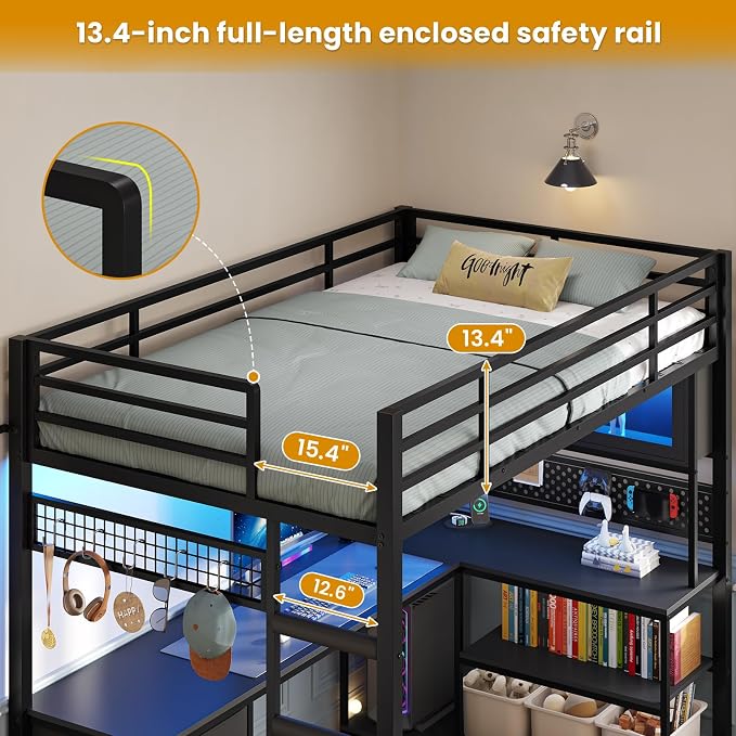 ADORNEVE Twin Size Loft Bed with Gaming Desk, RGB Hutch, Black