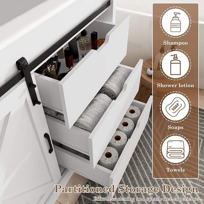 chartustriable 47 Inch Bathroom Vanity with Sink & Faucet & Mirror, Farmhouse Bathroom Vanity Cabinet Set with Sliding Barn Door & Drawers, Large Single Bath Storage Vanity Sink, White