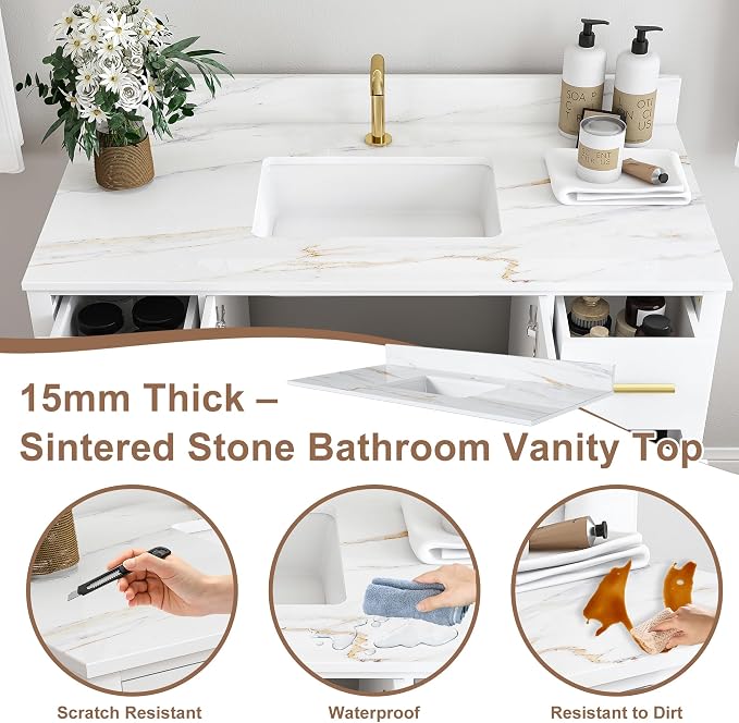 Montary 42" Bathroom Vanity with Sink & 43" Carrara Sintered Stone Top | with 1 Pre-Drilled Faucet Holes, Solid Wood Cabinet, Soft-Close Double Doors & 9 Smooth-Glide Drawers,White
