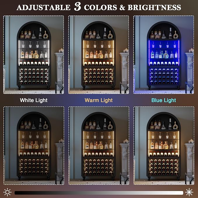 Arched Wine Bar Cabinet with LED Lights, 71" Tall Liquor Cabinets with 4 Glasses Holders & Wine Rack, Alcohol Display Storage Cabinet for Living Room, Kitchen Pantry, Dining Room (Black)