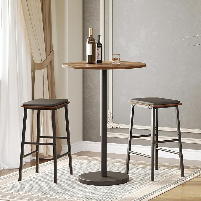 YATINEY Bar Table, Round Bar Table, Counter Height Table, Pub Cocktail Table, Metal Frame, for Bistro, Dining Room, Living Room, Terrace, Rustic Brown and Black BT05BR
