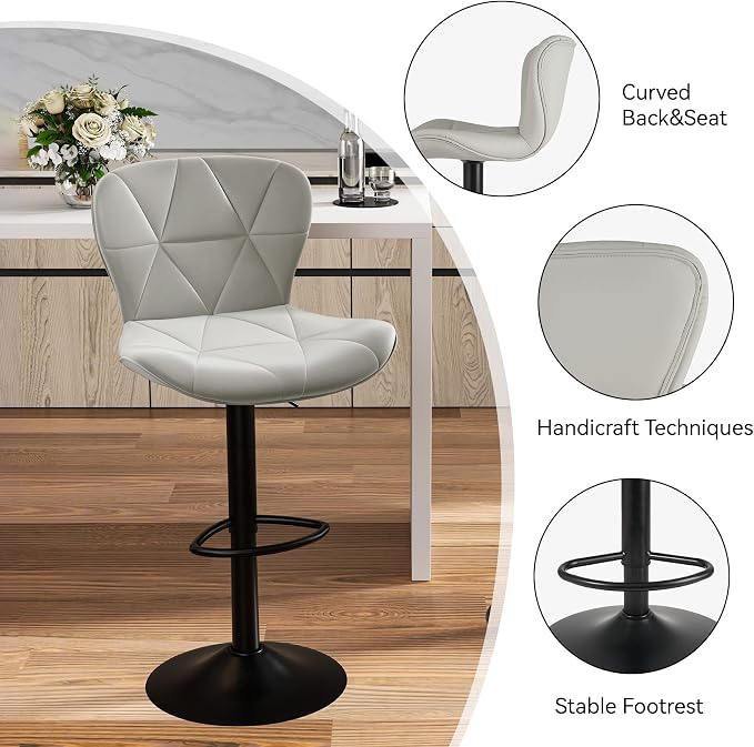 Nalupatio Modern Bar Stools Set of 2, Adjustable Faux Leather Upholstered Swivel Bar Stools, Counter Height Bar Chairs with Back for Kitchen Island, Light Grey
