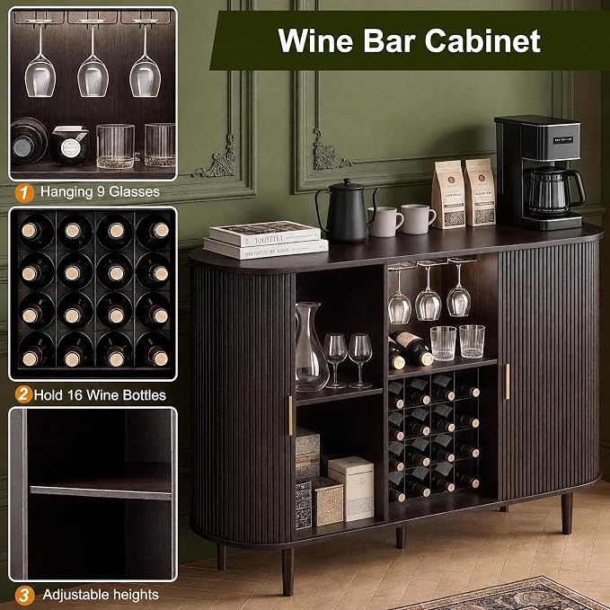 DHH 55" Wine Bar Cabinet with Storage, Fluted Liquor & Coffee Bar Cabinet with Wine Rack and Glass Holder, Buffet Sideboard with LED Lights for Home Kitchen Living Dining Room (Dark Walnut)