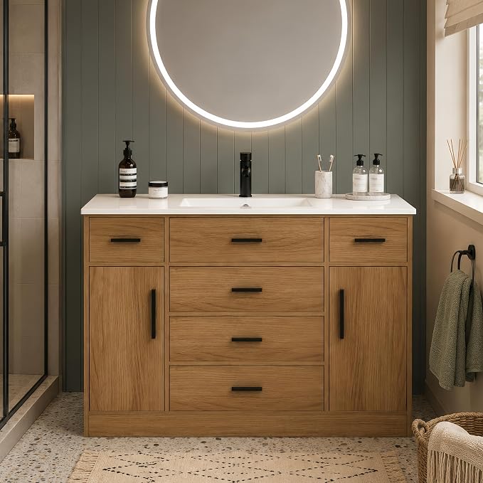 LUMISOL 48 Inch Bathroom Vanity with Sink, Freestanding Bathroom Vanity with Resin Sink, Tip-Out Drawer, Storage Drawers and 2 Soft-Closing Doors, Light Oak