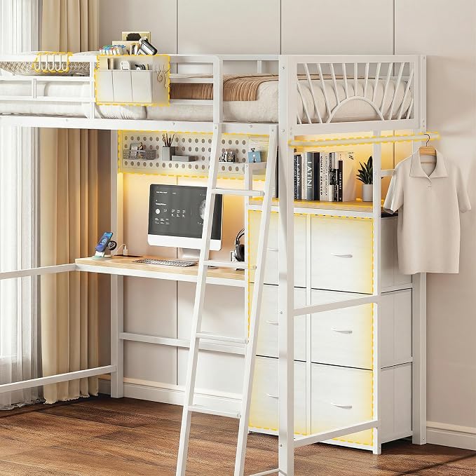 Decofy White Twin Loft Bed with Desk and 6 Storage Drawers, Metal Twin Size Loft Beds with Charging Station, RGB LED Lights, and Pegboard & Hanging Rod for Kids, Teenager (White)