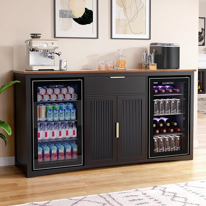 GDLF 70.1" Coffee Bar Cabinet with Fridge Space, Fluted Sideboard,Black