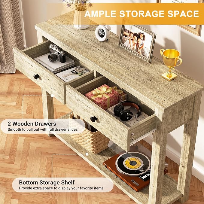 Homieasy Farmhouse Console Table with 2 Drawers, 32 Inch Small Sofa Table with Storage Shelf for Living Room, Behind Couch, Entryway Table for Hallway, Living Room, or Foyer, Light Rustic Oak