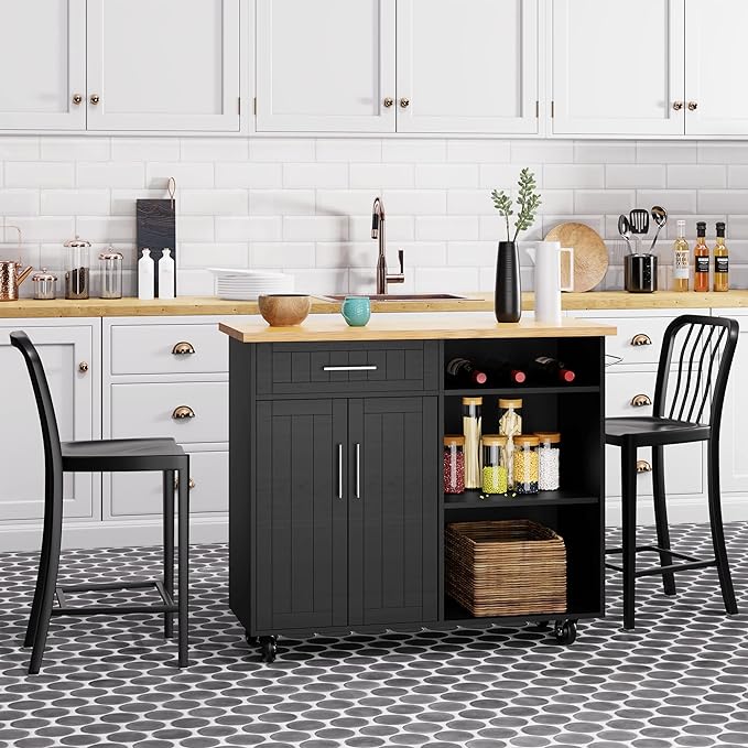 Shintenchi Kitchen Island Cart with Storage,Rolling Kitchen Island Side Table on Wheels with Large Worktop,Storage Cabinet,Towel Rack and Drawers for Kitchen,Dinning Room, White