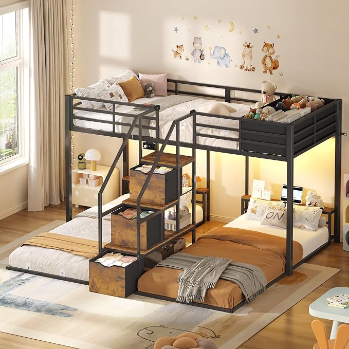 ADORNEVE Triple Bunk Bed Twin Over Twin with Storage Staircase, Black
