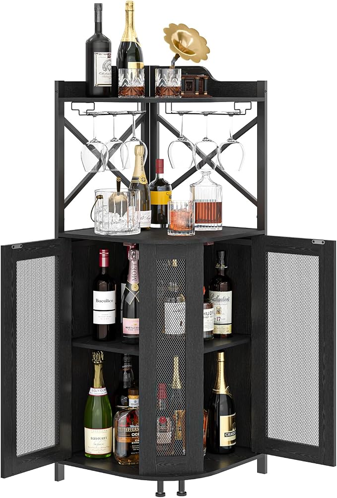 JKsmart 4-Tier Corner Bar Cabinet with LED Light and Glass Holder, Mini Bar