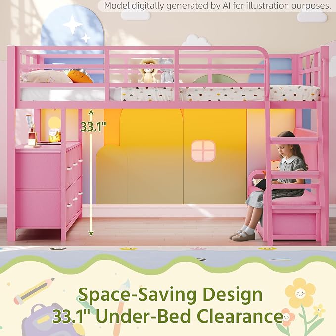 Dnxao Low Loft Bed Full Size with Desk and 9 Storage Drawers for Girls,Pink