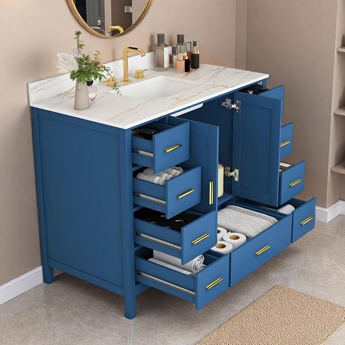 Montary 42" Bathroom Vanity with Sink & 43" Carrara Sintered Stone Top | with 3 Pre-Drilled Faucet Holes, Solid Wood Cabinet, Soft-Close Double Doors & 9 Smooth-Glide Drawers,Blue