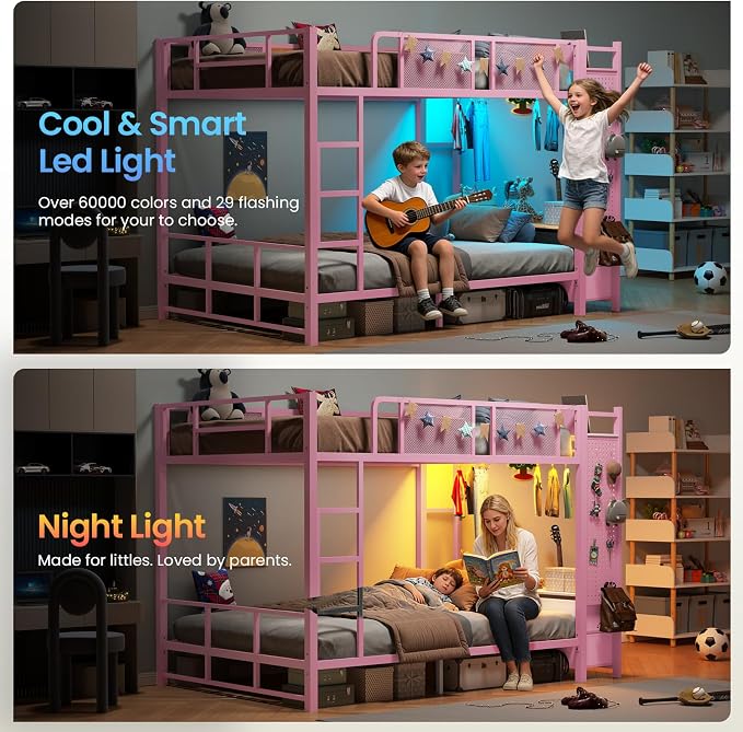 Itaar Metal Bunk Bed Full Over Full with Hall Tree, Power Outlet, LED Bunk Bed with 6 Storage Drawers, Bed with 13‘’ Safety Guardrail & Ladders for Kids and Teen, 400lb Weight Capacity, Pink