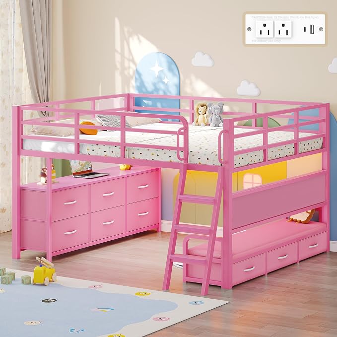 Dnxao Low Loft Bed Full Size with Desk and 9 Storage Drawers for Girls,Pink