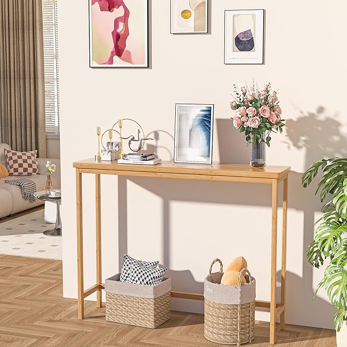 VASMIA Console Table, Entryway Table, Narrow Sofa Table, 39" Bamboo Hallway Table for Entryway, Living Room, Bedroom, Foyer, Natural