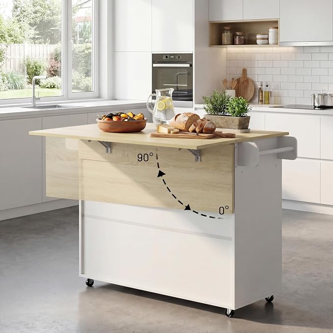 Kitchen Island Cart on Wheels with Drop Leaf & Storage - 45" Rolling Kitchen Cart with Locking Casters, 3 Drawers, 2 Cabinets & Towel Rack, Light Oak Top, White Farmhouse Style