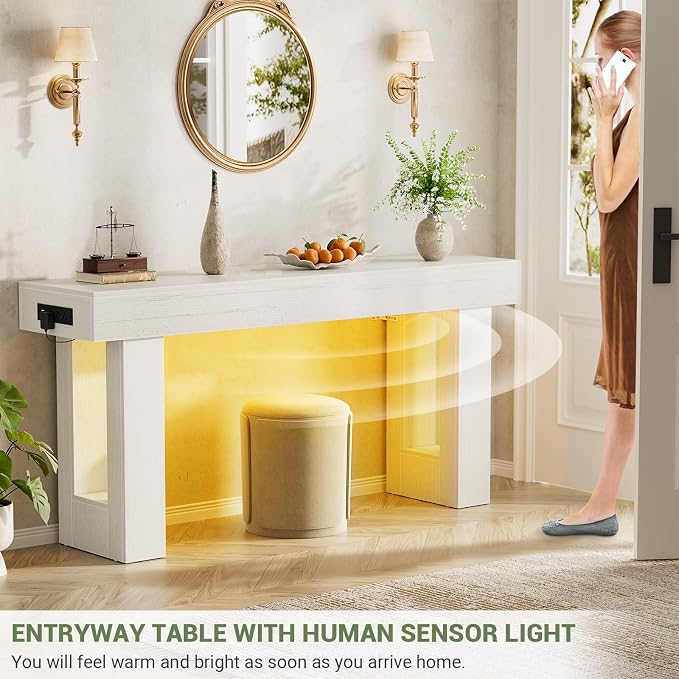 Unikito 63" Console Table with Sensor Light and Oulets, Rustic White
