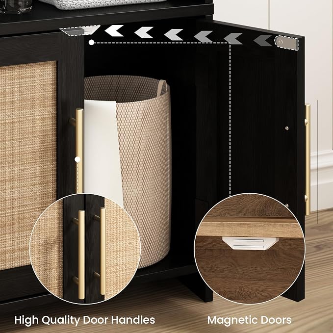 Small Bathroom Storage Cabinet with 2 Doors & Shelf,Rattan Black | Narrow Storage Organizer, Toilet Paper Floor Cabinets Freestanding, for Small Spaces, Laundry Room, 7.8" D x 14.6" W x 31" H