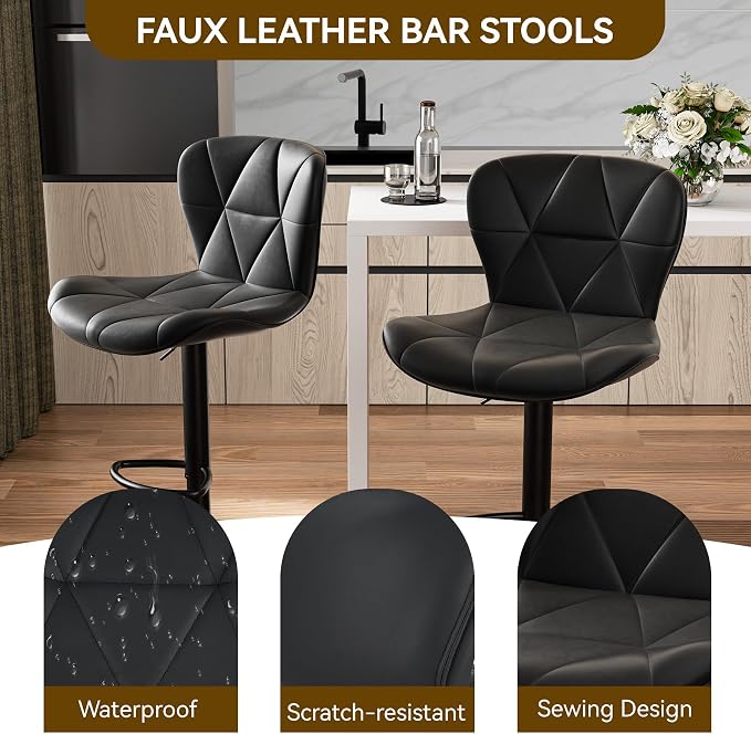 Nalupatio Modern Bar Stools Set of 3, Adjustable Faux Leather Upholstered Swivel Bar Stools, Counter Height Bar Chairs with Back for Kitchen Island, Black