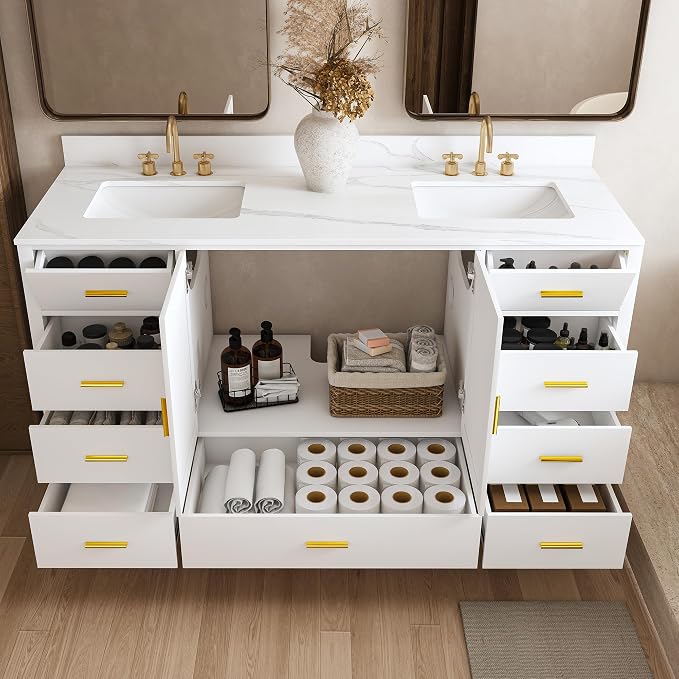 Montary 60" Bathroom Vanity with 2 Sinks & 61" Carrara Quartz Top | with 6 Pre-Drilled Faucet Holes, Solid Wood Cabinet, Soft-Close Double Doors & 9 Smooth-Glide Drawers,White