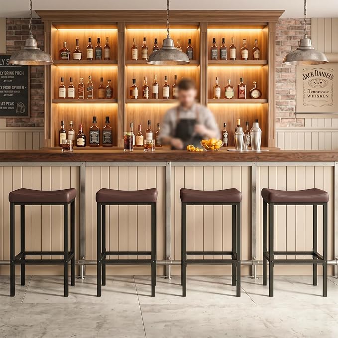 HOOBRO Bar Chairs, Set of 4 Counter Height Saddle Stools with Curved Surface, 24.8 Inches, 2.4" Thick Upholstery, for Kitchen and Dining Room, Brown and Black BC10BYP401