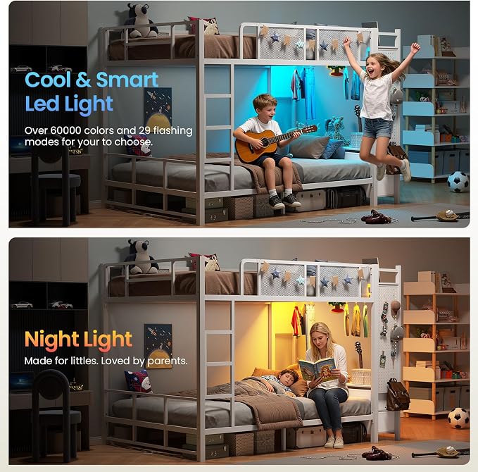 Itaar Metal Bunk Bed Full Over Full with Hall Tree, Power Outlet, LED Bunk Bed with 6 Storage Drawers, Bed with 13‘’ Safety Guardrail & Ladders for Kids and Teen, 400lb Weight Capacity, White