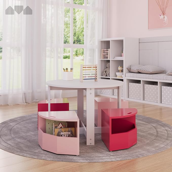 Milliard Toddler Table and Chair Set – Round Kids Activity Table With 4 Storage Stools, Nesting Design for Toddlers, Kids Play Table with Storage - Space-Saving Playroom Kids Furniture - (Pink)