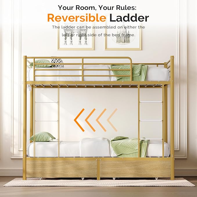 Bonnlo Metal Bunk Bed Frame Twin Over Twin with 2 Drawers, LED Lights, Safety Guardrail & Ladder, Charging Station, for Kids, Teens & Adults, Space-Saving, No Box Spring Needed, Gold