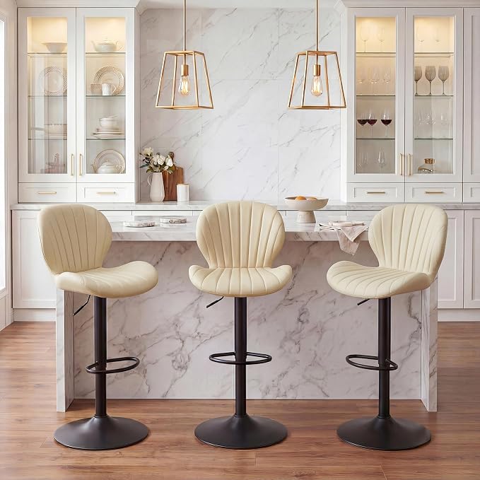 GRUSIGN Bar Stools Set of 4, Modern Swivel Adjustable Bar Chairs, Faux Leather Upholstered Counter Height Bar Stools with Backrest, Comfort Barstools for Kitchen Island, Home Bar, Beige