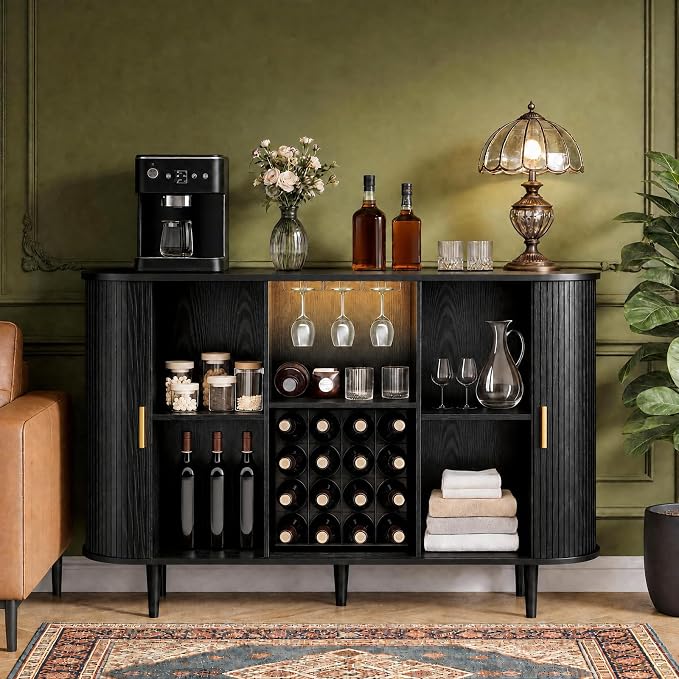 DHH 55" Wine Bar Cabinet with Storage, Fluted Liquor & Coffee Bar Cabinet with Wine Rack and Glass Holder, Buffet Sideboard with LED Lights for Home Kitchen Living Dining Room(Black)