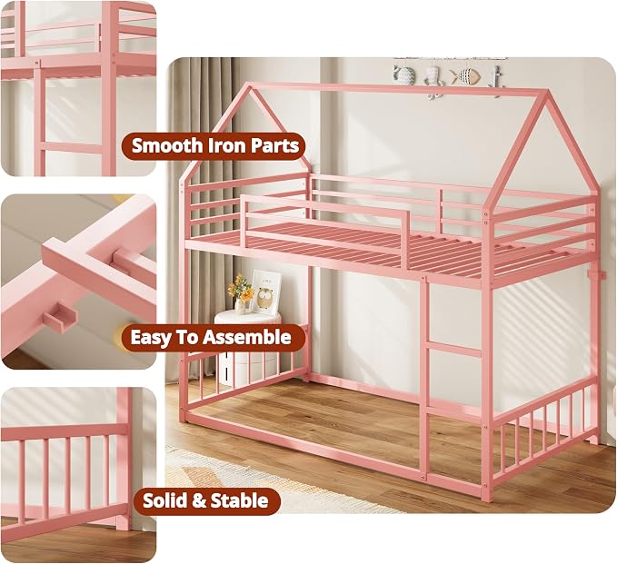 LIKIMIO Bunk Bed Twin Over Twin, House Bunk Bed Frame with Ladder, Pink