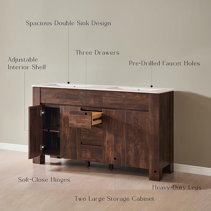 T4TREAM 60 Inch Modern Bathroom Vanity with Double Sink, Dark Walnut | Integrated Resin Sink, 4 Soft-Close Doors & 3 Drawers, Handle-Free Design, Thick Heavy-Duty Legs, Walnut Grain Finish