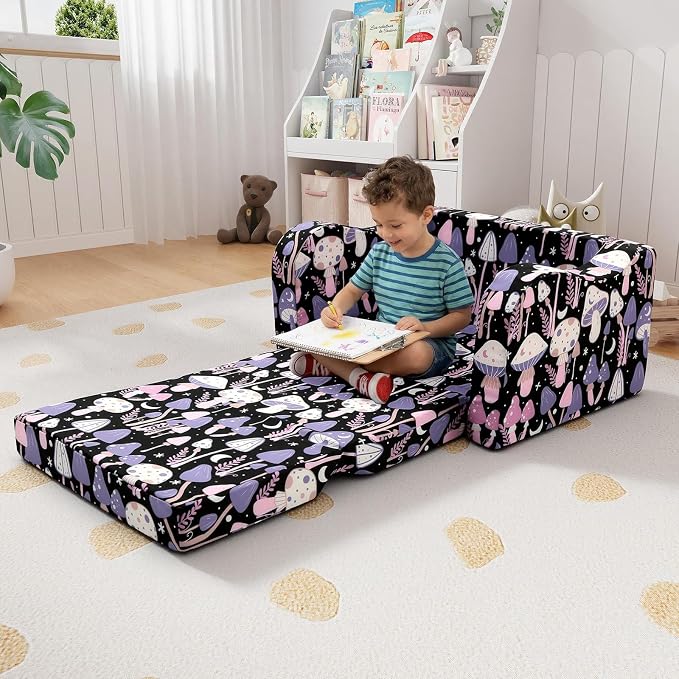 MeMoreCool Kids Couch, Fold Out Sofa Chair with Side Pocket, Mushroom Print