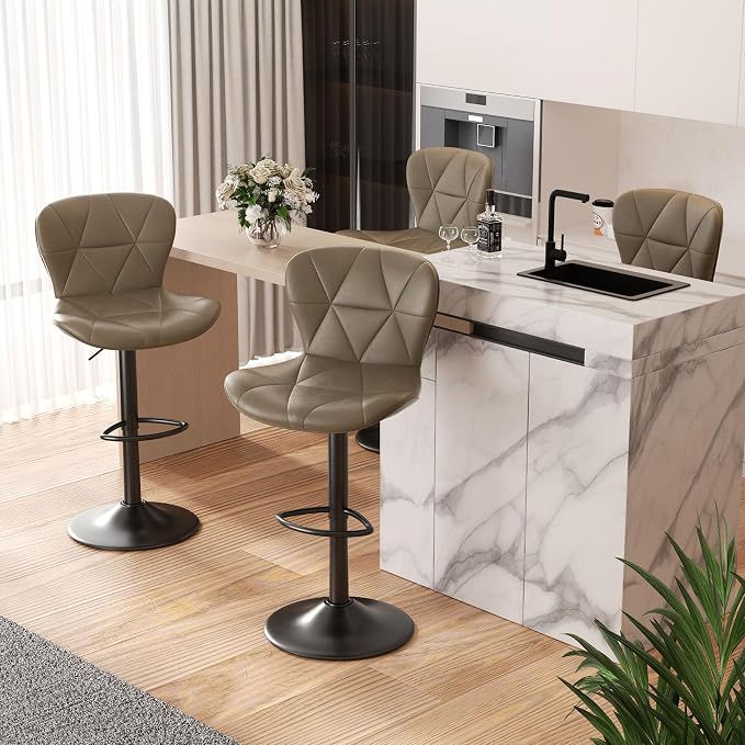 Nalupatio Modern Bar Stools Set of 4, Adjustable Faux Leather Upholstered Swivel Bar Stools, Counter Height Bar Chairs with Back for Kitchen Island, Dark Khaki