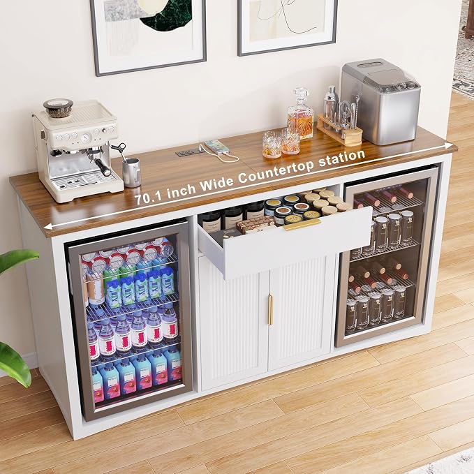 GDLF 70.1" Coffee Bar Cabinet with Fridge Space, Fluted Sideboard,White