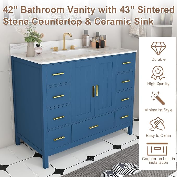 Montary 42" Bathroom Vanity with Sink & 43" Carrara Sintered Stone Top | with 3 Pre-Drilled Faucet Holes, Solid Wood Cabinet, Soft-Close Double Doors & 9 Smooth-Glide Drawers,Blue