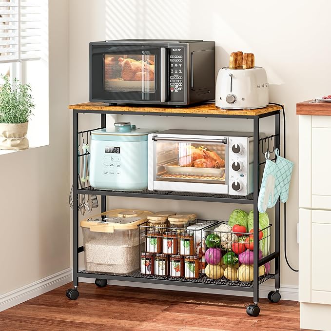 3 Tier Rolling Kitchen Microwave Cart, 33 Inch Microwave Table Stand with Adjustable Shelf, Kitchen Storage Island Utility Cart on Lockable Wheels, Bakers Rack Coffee Bar for Living Room, Office